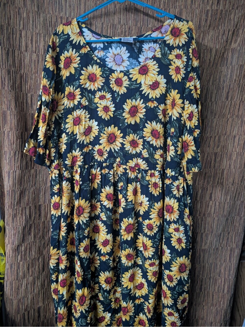 Sunflower Print Black Babydoll Midi Dress - Women's Floral Casual Dress